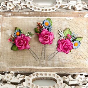 SET OF 3 Shabby Chic Girly Pink Fuchsia Blue Flower Hair Pins Handmade Gifts