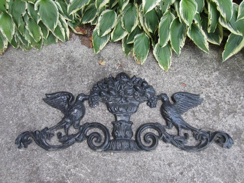 antique GARDEN PIECE: Black Cast Metal WALL PLAQUE.. EAGLES URNS FRUIT 31X12 Cover