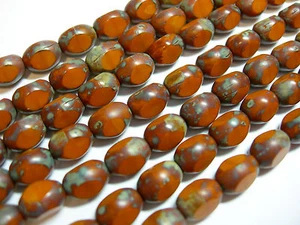  18 8x6mm Czech Glass Pumpkin Picasso Oval Tri Cut Beads - Picture 1 of 2