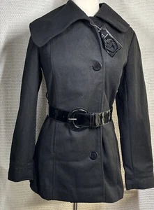 NWT Yoki Trench Pea Jacket Women’s Small Black Cowl Neck Button/Belted - Picture 1 of 9