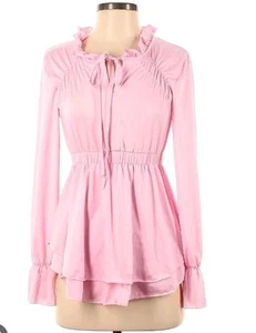 Boston Proper Baby Pink Ruffle Ties Front Keyhole Long Sleeve Babydoll Blouse L - Picture 1 of 4