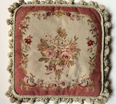 Rare Vintage NEEDLEPOINT Aubusson Floral PILLOW FLOWERS Square Shabby Pink - Image 1 of 4