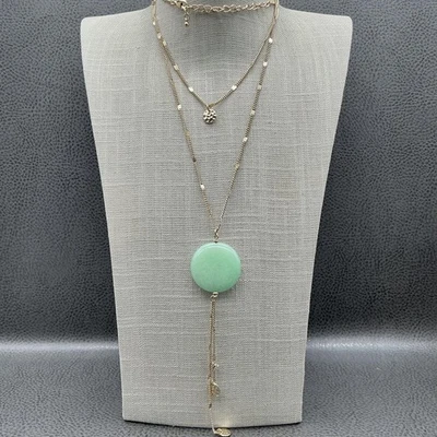 Layered Gold Tone Necklace Double Chain Green Jade Pendant Statement Jewelry - Image 1 of 4