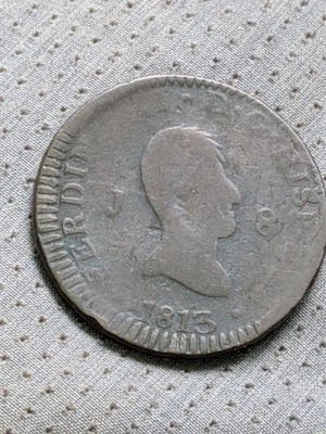 1813  J Spain 8 Maravedis Ferdinand Fernando VII Jubia Large Bronze Coin KM 491 - Image 1 of 2
