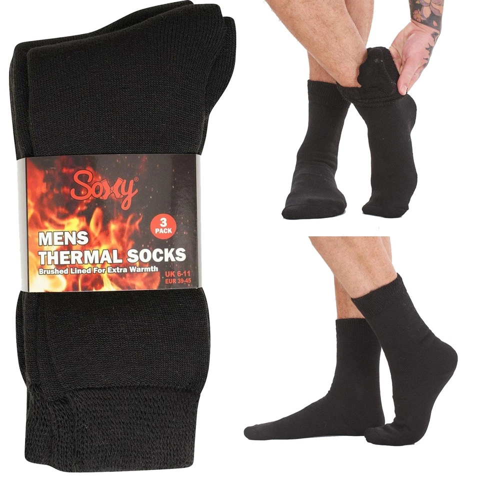 SOXY Mens 6 Pack Thick Warm Brushed Lined Black Thermal Winter Socks Size 6-11