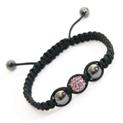 Pink Crystal Charm  with Hematite BeadsHand Braided Surfer Bracelet - Image 1 of 3