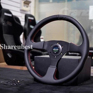 Universal 350mm 14" SPOON SPORT STYLE Genuine Leather Flat Steering Wheel HONDA - Picture 1 of 10