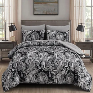 Black Paisley Comforter Set Queen Size, 7 Piece Bed in a Bag Black Gray Boho Pai - Picture 1 of 9