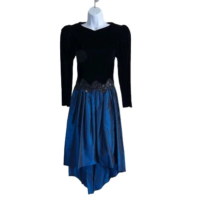 Vestido de festa vintage anos 80 Scott McClintock preto veludo azul tafetá mangas folhadas - Imagem 1 de 4