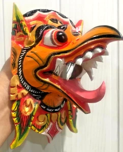 Wooden Decor Mask Garuda Eagle Bird Wall Bali Hindu Hand Carved Painted Orange - Picture 1 of 12