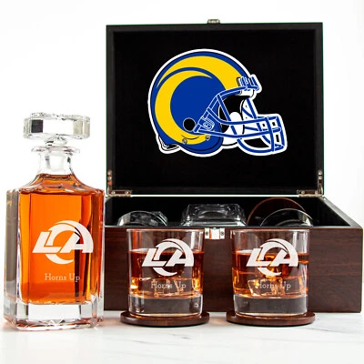Los Angeles Rams - Engraved Football Whiskey Decanter 2 Glasses In Wood Box - Image 1 of 4