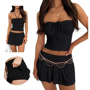 Skirt Sets Women 2 Piece Outfits Sexy Y2K Going Out Tie Ruched Tube Crop Tops... - Picture 1 of 7