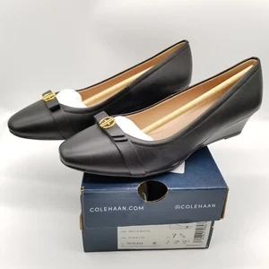 Cole Haan Women's Malta Wedge Pumps Sz 7.5 B Black Leather Slip On Office Logo - Picture 1 of 7