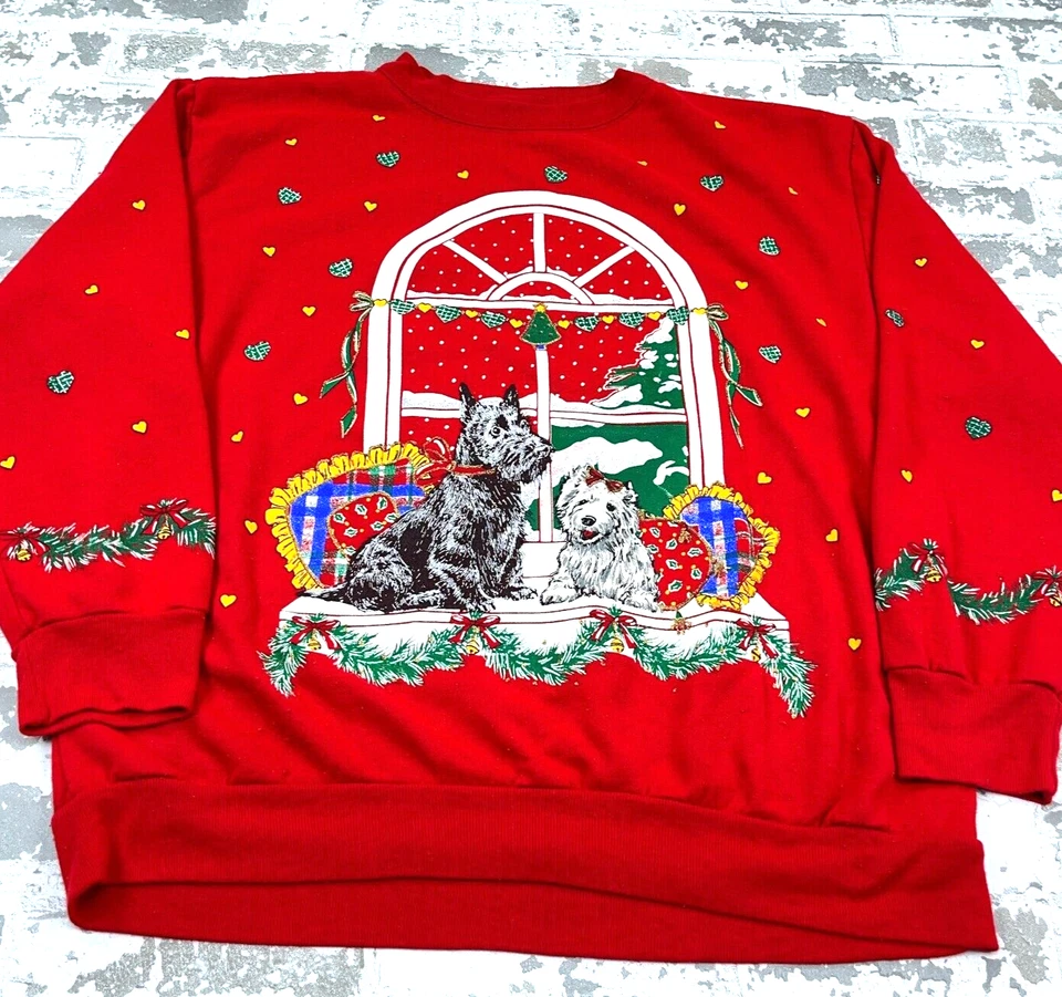 Vintage Christmas Sweater Women Large Red Crewneck Sweatshirt USA 90s Dog AOP * - Image 1 of 4