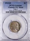 1913 D Buffalo Nickel PCGS UNCDetails Type 1, cleaned