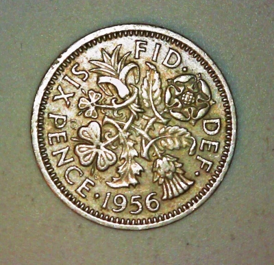 1956 GREAT BRITAIN  SIX PENCE COIN - ELIZABETH II - COPPER-NICKEL - BETTER GRADE - Image 1 of 2