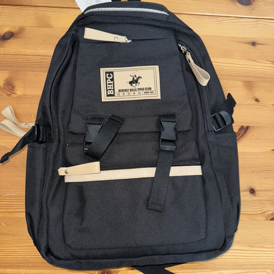 Beverly Hills Polo Club BHPC Backpack Black & Tan Cushioned Straps - Image 1 of 4
