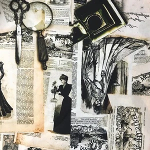 Vintage French Fashion Newspaper Scissors Compass Sewing Cotton Fabric 1/2 Yard - Bild 1 von 9