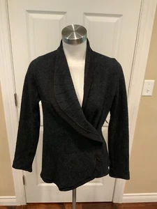 Guinevere Dark Gray 100% Wool Asymmetrical Cardigan W/ Leather Trim, Size Small - Picture 1 of 7