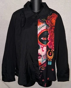 Camicia anteriore SHEIN nera e multicolore stampa teschio zucchero - L - Foto 1 di 5