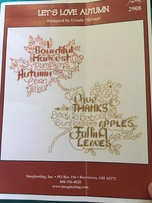 Imaginating Leaflet ~ LET'S LOVE AUTUMN Cross stitch chart  Fall leaves pumpkin - Image 1 of 4