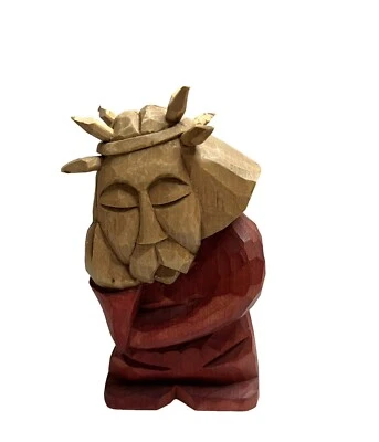 Hecho a mano JESUCRISTO PENSATIVO hecho a mano escultura de madera tallada corona espinas Foto 1 de 4