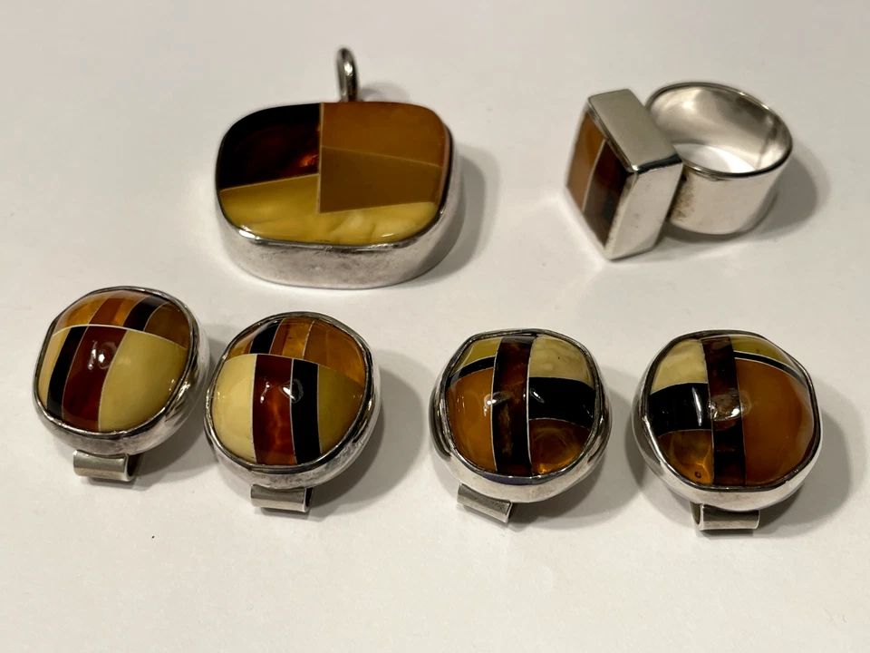 Juego de colgantes, anillos y pendientes ámbar báltico y caramelo/plata de ley Foto 1 de 4