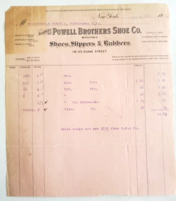 1912 Invoice, Powell Brothers Shoe Co, Slippers & Rubbers, Duane St, New York - Image 1 of 2