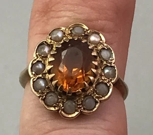 Antique 9ct Yellow Gold Citrine & Pearl Ring UK Size I.5 3.23g ABLZX - Picture 1 of 5