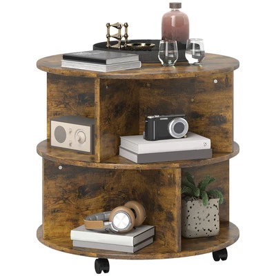 Rustic Brown 3-Tier Round Coffee Table with Wheels, 60x60x55.5cm, Particleboard - Image 1 of 4
