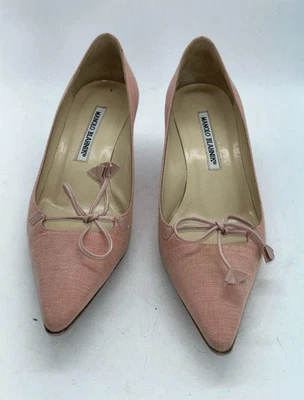 Manolo Blahnik Vintage Csian Coral Lino Gatito Tacones Caja y Bolsa para el Polvo Raro Y2K Foto 1 de 4