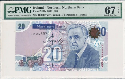 Northern Bank Ireland  20 Pounds 2011 S/No x97x97 PMG  67EPQ Cover