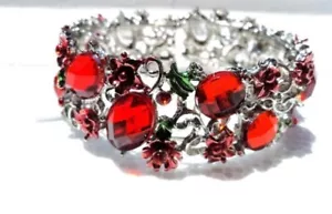 Women's Red Crystal Rhinestone Spring Band Bracelet Silver Color Band NWT - Picture 1 of 7