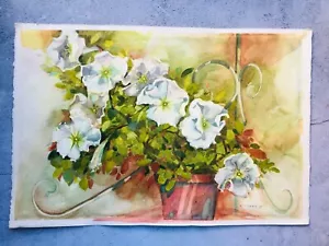 Weiße Blumen im Übertopf Aquarell Gemälde signiert Fichtner 22 x 15 - Bild 1 von 7