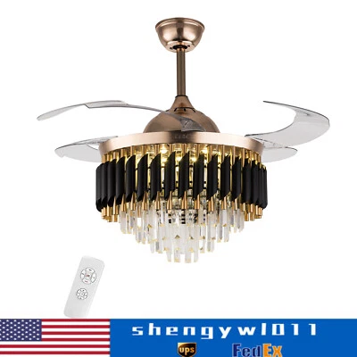 Crystal LED Ceiling Fan Light Chandelier Retractable Blades w/Remote Control 42" - Image 1 of 4