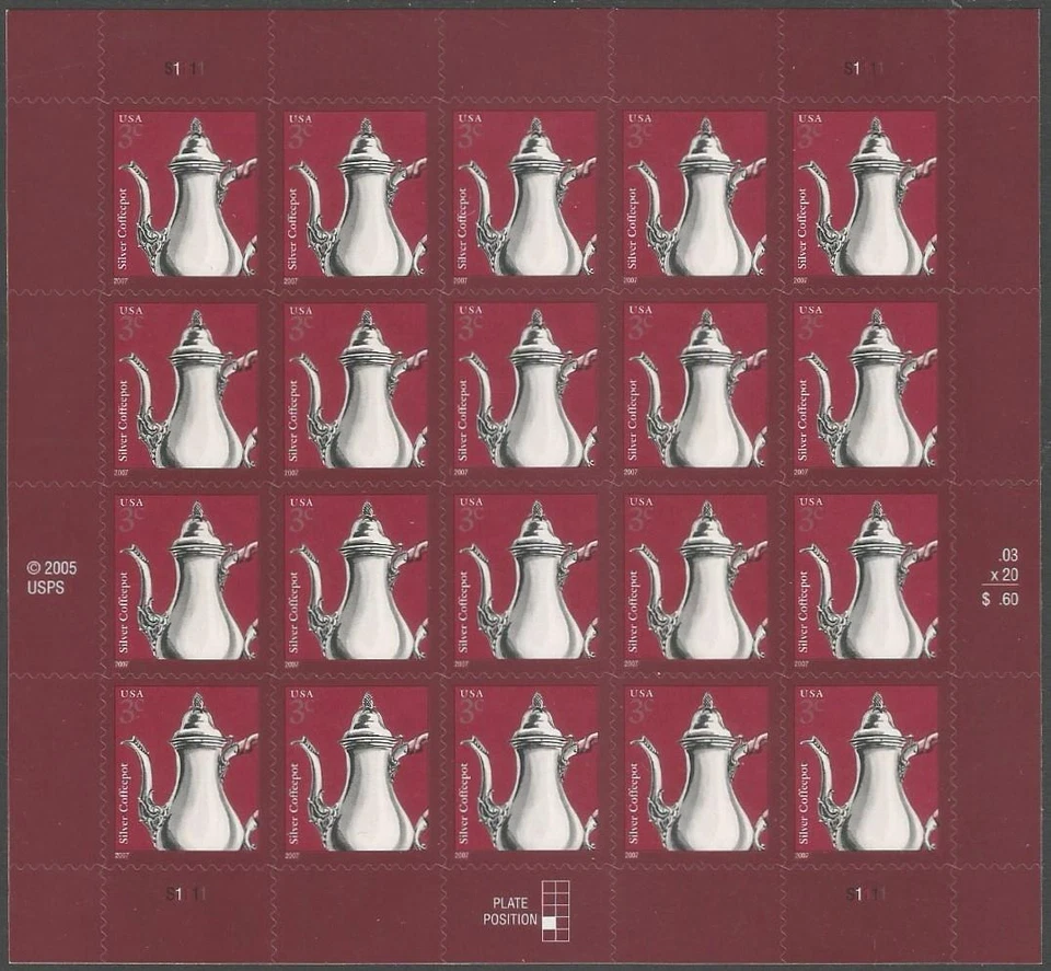 Sheet of 20 stamps - Scott 3754 - 3 cent - Silver Coffeepot - 2007 - MNH - Image 1 of 1