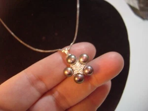 Vintage Solid Silver 18" Box Chain & Genuine Black Pearl & white Topaz Pendant - Picture 1 of 9
