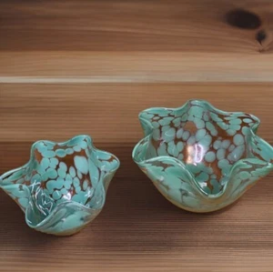 Ruffled Decorative Clear Glass Bowls/Vases Green Dots Set Of 2 - Picture 1 of 12