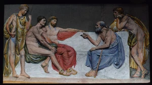 ANCIENT GREEK PHILOSOPHERS IN DISCUSSION C1890 HAND COLOURED Magic Lantern Slide - Picture 1 of 3