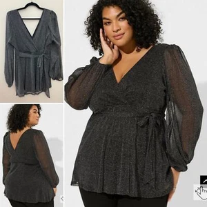 NWT Torrid Black Shimmer Romantic Holiday Sparkle Glitter Peplum Top 2X - Picture 1 of 11