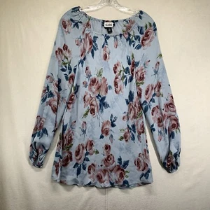Women’s Silk Blouse Size 12 All Over Flower Print Semi-Sheer Light Blue Colorful - Picture 1 of 21