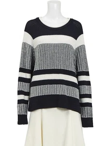 New DKNY Women's Navy and White Stripe Sweater, Size L - Stylish Cotton Jumper - Picture 1 of 3