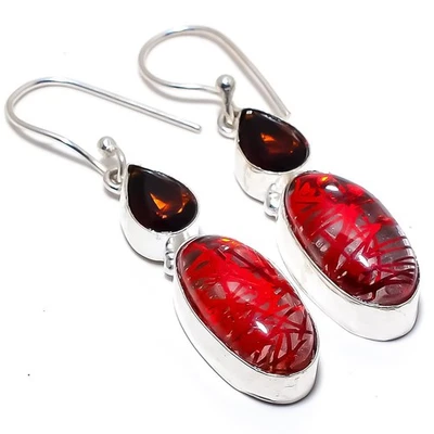 Quarzo rutilato rosso, pietra preziosa granato 925 gioiello orecchino 2,3" - Immagine 1 di 4