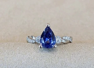 1.00 Ct Pear Cut Blue Sapphire Anniversary Ring 92.5 Silver Gold Plated  - Picture 1 of 7