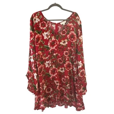 Forever 21 Plus Dress Bohemian Red 3X Floral Long Sleeves Feminine Colorful City - Image 1 of 4