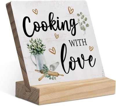 Cooking with Love Wood Plaque Wooden Stand,Rustic Kitchen White  - Image 1 of 4