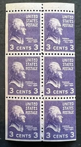 Scott#: 807a - Thomas Jefferson 3¢ 1938 Booklet Pane of Six MNHOG - Lot 9 - Picture 1 of 2