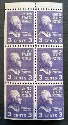 Scott#: 807a - Thomas Jefferson 3¢ 1938 Booklet Pane of Six MNHOG - Lot 9 - Image 1 of 2
