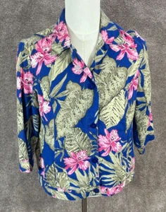 Chicos Jacket Womens 2 Large Blue Pink Tropical Floral Linen 3/4 Sleeve Beachy - Picture 1 of 9