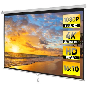 100" Projector Screen Manual Pull Down Projection Screen Theater 16:10 4K HD - Picture 1 of 22